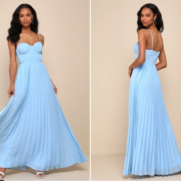 LULU's Prom Wedding Bridesmaid Sexy Pleated Bustier Romantic Flowy Maxi Dress - Picture 1 of 4